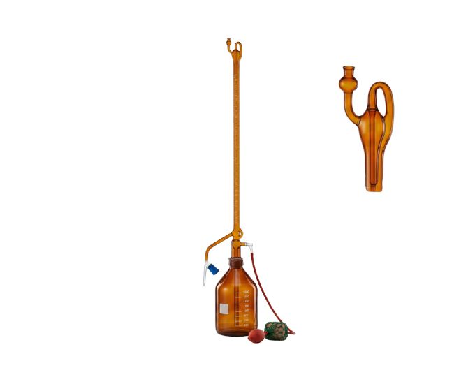 Amber Automatic Zero Class A Burette with Glass Stopcock and Reservoir for Light-Sensitive Titration