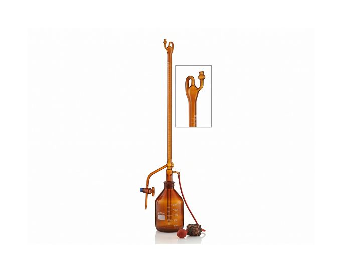 Amber Automatic Zero Class A Burette with Reservoir and Glass Stopcock for Light-Sensitive Titration